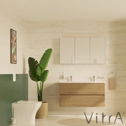 Vitra - Vitra Mia Plus Square Çift Çekmeceli Lavabo Dolabı, Çift Armatür Delikli Lavabolu, 120 cm, Altın Meşe