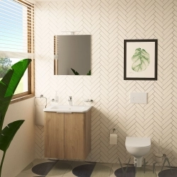 Vitra - Vitra Mia Plus Round Demonte Set, 60 cm, Kapaklı, (Lavabo Dolabı, Aydınlatmalı Ayna), Altın Meşe