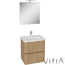 Vitra - Vitra Mia Plus Round Demonte Set, 60 cm, Çift Çekmeceli, (Lavabo Dolabı, Aydınlatmalı Ayna), Altın Meşe