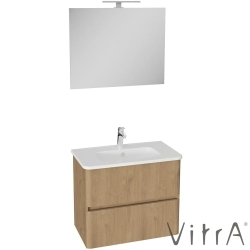 Vitra - Vitra Mia Plus Round Demonte Set, 80 cm, Çift Çekmeceli, (Lavabo Dolabı, Aydınlatmalı Ayna), Altın Meşe