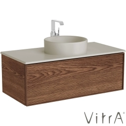 Vitra - Vitra Metropole Edge Lavabo Dolabı, Tek Çekmeceli, Mat Kum Beji Çanak Lavabo ve Seramik Tezgahlı, 100 cm, Ceviz