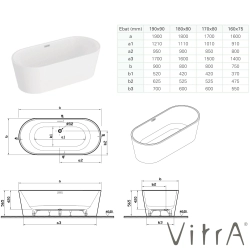 Vitra - Vitra Geo 180x80 Oval Küvet, Dikdörtgen Taşmalı Sifon + Ayak, Beyaz