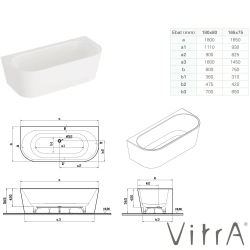 Vitra - Vitra Geo 165x75 Ön Duvar Oval Küvet (Ayak ve Gizli Taşmalı Sifon Dahil), Beyaz
