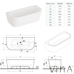 Vitra - Vitra Geo 165x75 Ön Duvar Oval Küvet (Ayak ve Gizli Taşmalı Sifon Dahil), Bej