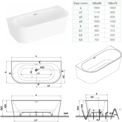 Vitra - Vitra Geo 165x75 Ön Duvar Oval Küvet (Ayak ve Dikdörtgen Taşmalı Sifon Dahil), Beyaz