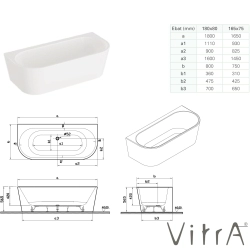 Vitra - Vitra Geo 180x80 Ön Duvar Oval Küvet (Ayak ve Gizli Taşmalı Sifon Dahil), Beyaz