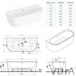 Vitra - Vitra Geo 180x80 Ön Duvar Oval Küvet (Ayak ve Standart Krom Sifon Dahil), Beyaz