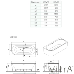 Vitra - Vitra Geo 165x75 Sağ Köşe Oval Küvet (Ayak ve Dikdörtgen Taşmalı Sifon Dahil), Beyaz
