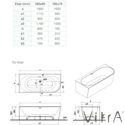 Vitra - Vitra Geo 180x80 Sol Köşe Oval Küvet (Ayak ve Dikdörtgen Taşmalı Sifon Dahil), Beyaz