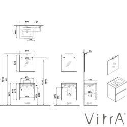 Vitra - Vitra Mia Plus Square Demonte Set, 60 cm, Çift Çekmeceli, (Lavabo Dolabı, Aydınlatmalı Ayna), Parlak Antrasit