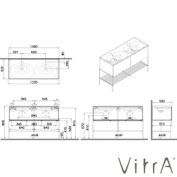Vitra - VitrA Equal 2 Çekmeceli Lavabo Dolabı Çift Hazneli Gri Lavabolu, 130 cm, Metal Ayaklı, Karaağaç - 81129
